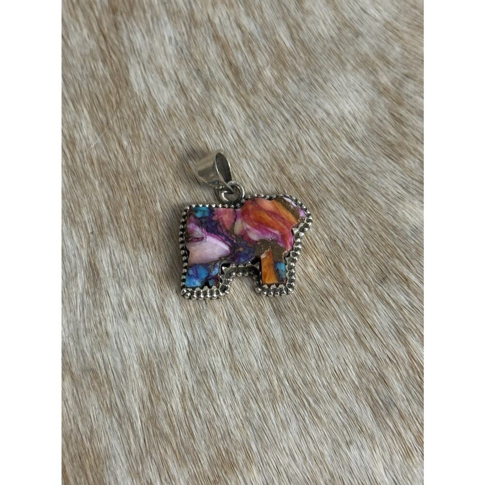 Native American SW Sterling Silver Pink Dahlia Turquoise Cow Steer Bull Pendant - Picture 2 of 7